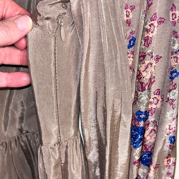 Free People Floral Babydoll Dress Taupe Long Sleeve Boho Size 10 - Picture 5 of 8